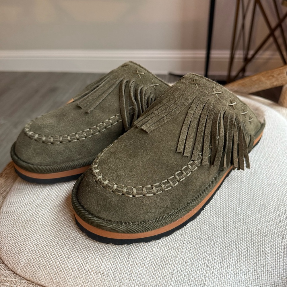 Free People Olive Green Suede Mules with Fringe